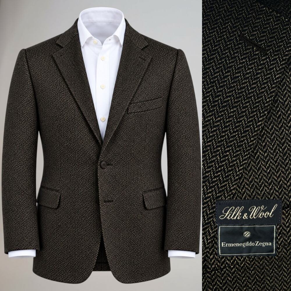 Zegna Italy Silk Wool Sport Coat 42R Espresso Bronze Herringbone Full Canvas